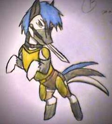 Size: 240x266 | Tagged: safe, artist:vitaminbob, imported from derpibooru, earth pony, pony, knife, male, mouth hold, rearing, solo, stallion, traditional art