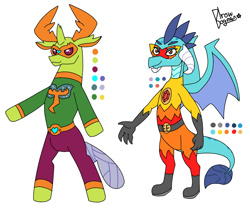 Size: 900x750 | Tagged: artist needed, safe, imported from derpibooru, princess ember, thorax, changedling, changeling, dragon, bipedal, commission, elastic, king thorax, mask, simple background, superhero, white background