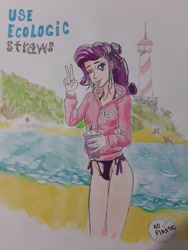 Size: 3000x4000 | Tagged: safe, artist:u_to.01, imported from derpibooru, rarity, human, equestria girls, ;p, beach, bikini, bikini bottom, clothes, complex background, drink, female, hoodie, lighthouse, one eye closed, peace sign, pier, solo, swimsuit, tongue out, traditional art