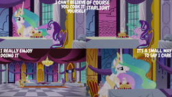 Size: 1280x720 | Tagged: safe, edit, edited screencap, editor:quoterific, imported from derpibooru, screencap, princess celestia, starlight glimmer, alicorn, pony, unicorn, a royal problem, season 7, ^^, aweeg*, crown, cute, eating, eyes closed, female, food, fork, glimmerbetes, jewelry, magic, mare, momlestia fuel, open mouth, open smile, pancakes, regalia, smiling, telekinesis