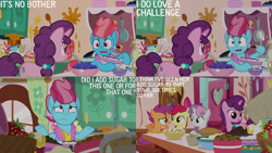 Size: 1280x720 | Tagged: safe, edit, edited screencap, editor:quoterific, imported from derpibooru, screencap, apple bloom, cup cake, scootaloo, sugar belle, sweetie belle, earth pony, pegasus, pony, unicorn, season 9, the big mac question, spoiler:s09, apple bloom's bow, bow, cutie mark crusaders, female, filly, foal, hair bow, mare, open mouth, sugarcube corner