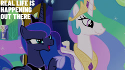 Size: 1280x720 | Tagged: safe, edit, edited screencap, editor:quoterific, imported from derpibooru, screencap, princess celestia, princess luna, alicorn, pony, between dark and dawn, season 9, crown, duo, duo female, female, hoof shoes, jewelry, mare, open mouth, open smile, raised hoof, regalia, royal sisters, siblings, sisters, smiling, twilight's castle