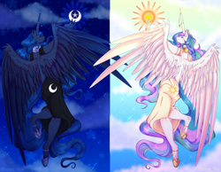 Size: 4500x3500 | Tagged: safe, artist:damon_ekel, imported from derpibooru, princess celestia, princess luna, alicorn, anthro, unguligrade anthro, clothes, dress, equine, equined anthro, eyes closed, female, hoof shoes, horn, horned anthro, horns, moon, praise the moon, praise the sun, princess of the night, princess of the sun, royal, royal sisters, royalty, siblings, sisters, smiling, spread wings, sun, winged anthro, wings