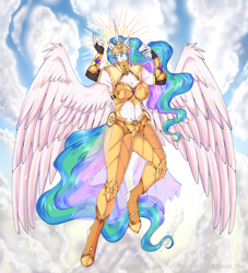 Size: 3400x3750 | Tagged: safe, artist:damon_ekel, imported from derpibooru, princess celestia, alicorn, anthro, unguligrade anthro, armor, belly button, eyes closed, female, flying, high res, praise the sun, sol invictus, solo, spread wings, unconvincing armor, warrior, warrior celestia, wings