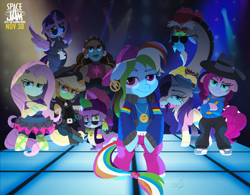 Size: 6512x5089 | Tagged: safe, artist:bearmation, imported from derpibooru, applejack, discord, fluttershy, pinkie pie, rainbow dash, rarity, spike, twilight sparkle, alicorn, dog, draconequus, dragon, earth pony, human, pegasus, pony, unicorn, absurd file size, absurd resolution, alternate hairstyle, bipedal, crossed hooves, disguise, female, looking at you, male, mane seven, mane six, mare, plainity, rapper dash, rapper pie, serena williams, space jam, story included, twilight sparkle (alicorn)