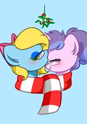 Size: 1388x1976 | Tagged: safe, artist:kittyrosie, imported from derpibooru, oc, oc:steamy, oc:sugar sweet, earth pony, pony, unicorn, blushing, clothes, commission, cute, duo, eyes closed, glasses, holly, kiss on the head, kissing, mistleholly, oc x oc, ocbetes, scarf, shared clothing, shared scarf, shipping, simple background, striped scarf, ych result