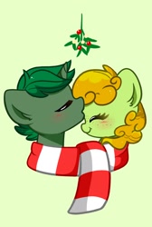 Size: 1350x2006 | Tagged: safe, artist:kittyrosie, imported from derpibooru, oc, oc:emerald circuit, oc:hunny bun, pegasus, pony, unicorn, blushing, clothes, commission, cute, duo, eyes closed, holly, kiss on the head, kissing, mistleholly, oc x oc, ocbetes, scarf, shared clothing, shared scarf, shipping, simple background, striped scarf, ych result