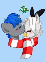 Size: 1398x1898 | Tagged: safe, artist:kittyrosie, imported from derpibooru, oc, griffon, pony, unicorn, blushing, clothes, commission, cute, duo, eyes closed, griffon oc, holly, kiss on the head, kissing, mistleholly, oc x oc, ocbetes, scarf, shared clothing, shared scarf, shipping, simple background, striped scarf, ych result