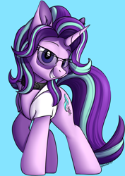 Size: 784x1105 | Tagged: safe, artist:notetaker, imported from derpibooru, starlight glimmer, pony, unicorn, aviator sunglasses, clothes, collar, female, looking at you, mare, shirt, smiling, solo, sunglasses