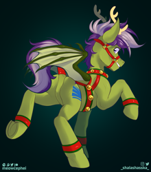 Size: 1405x1600 | Tagged: safe, alternate version, artist:meowcephei, imported from derpibooru, oc, oc:grey seeking dusk, bat pony, pony, animal costume, bat pony oc, butt, christmas, costume, holiday, plot, reindeer costume, solo