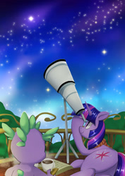 Size: 1024x1449 | Tagged: safe, artist:neoshrek, imported from derpibooru, spike, twilight sparkle, dragon, pony, unicorn, book, butt, female, male, mare, mug, night, plot, smiling, stars, telescope, twibutt, unicorn twilight