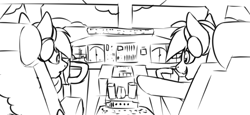 Size: 499x229 | Tagged: safe, artist:notetaker, imported from derpibooru, oc, oc only, oc:chance, oc:notetaker, earth pony, pegasus, pony, boeing 747, cockpit, control panel, couple, headset, interior, seat