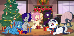 Size: 1200x585 | Tagged: safe, artist:jennieoo, imported from derpibooru, oc, oc:andrewmeda, oc:gentle star, oc:maverick, oc:milky way (sodadrinker11), oc:ocean soul, earth pony, pegasus, pony, christmas, christmas stocking, christmas tree, christmas wreath, cute, happy, hearts warming day, hearts warming eve, holiday, ocbetes, present, show accurate, tree, vector, wreath