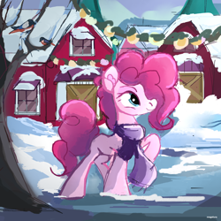Size: 1600x1601 | Tagged: safe, artist:megalura, imported from derpibooru, pinkie pie, bird, earth pony, pony, barn, clothes, female, mare, scarf, snow, solo, winter