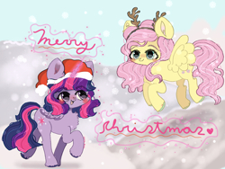 Size: 2048x1536 | Tagged: safe, artist:roseyjin, imported from derpibooru, fluttershy, twilight sparkle, alicorn, pegasus, pony, antlers, christmas, cute, duo, female, hat, holiday, mare, merry christmas, reindeer antlers, santa hat, shyabetes, snow, snowfall, twiabetes, twilight sparkle (alicorn)