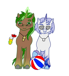 Size: 1330x1456 | Tagged: safe, artist:assertiveshypony, derpibooru exclusive, imported from derpibooru, oc, oc:green scroll, oc:snowmoon, pony, unicorn, derpibooru community collaboration, 2022 community collab, beach ball, glasses, juice, looking at you, magic, shell, simple background, sunglasses, transparent background, whistle, whistle necklace