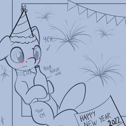 Size: 3840x3840 | Tagged: safe, artist:appleneedle, imported from derpibooru, oc, pony, 2022, alcohol, auction, booze, bottle, celebration, commission, drink, fireworks, happy new year, happy new year 2022, hat, high res, holiday, mouth hold, one ear down, party, party hat, solo, sparkler (firework), your character here