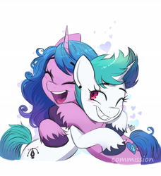 Size: 2480x2721 | Tagged: safe, artist:fanzeem, imported from derpibooru, izzy moonbow, oc, pony, unicorn, canon x oc, commission, duo, female, g5, high res, hug, my little pony: a new generation, smiling