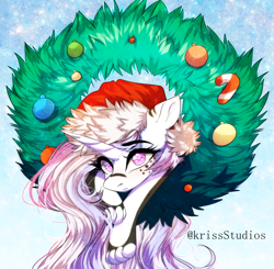 Size: 2548x2500 | Tagged: safe, artist:krissstudios, imported from derpibooru, oc, pony, unicorn, candy, candy cane, christmas, christmas wreath, female, food, hat, high res, holiday, mare, santa hat, solo, wreath