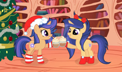 Size: 1024x605 | Tagged: safe, artist:velveagicsentryyt, imported from derpibooru, oc, oc:galaxy swirls, oc:velvet sentry, pony, unicorn, christmas, christmas tree, clothes, female, golden oaks library, hat, holiday, mare, offspring, parent:flash sentry, parent:twilight sparkle, parents:flashlight, santa hat, siblings, sisters, socks, tree