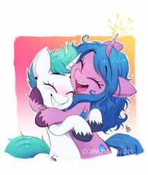 Size: 2480x2924 | Tagged: safe, artist:fanzeem, imported from derpibooru, izzy moonbow, oc, pony, unicorn, canon x oc, commission, cute, duo, eyes closed, female, g5, high res, hug, izzybetes, mare, my little pony: a new generation, smiling