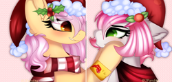 Size: 4848x2308 | Tagged: safe, artist:2pandita, imported from derpibooru, oc, oc only, oc:pandita, oc:tender mist, pony, christmas, clothes, female, hat, holiday, mare, santa hat, scarf