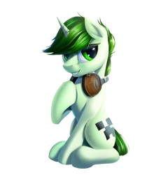 Size: 1392x1583 | Tagged: safe, artist:nihaicreeper, imported from derpibooru, oc, oc:nihaicreeper, pony, unicorn, derpibooru community collaboration, 2022 community collab, headphones, simple background, sitting, smiling, solo, transparent background