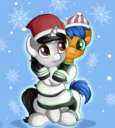 Size: 1280x1418 | Tagged: safe, artist:appleneedle, imported from derpibooru, oc, oc:fire, oc:gian, earth pony, pony, unicorn, coils, hat, long pony, snow, snowflake, stretch, winter