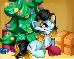 Size: 1280x1024 | Tagged: safe, artist:appleneedle, imported from derpibooru, oc, oc:golden voice, earth pony, pony, christmas, clothes, decoration, holiday, lights, present, socks, tree