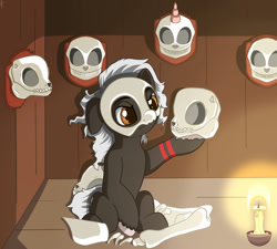 Size: 1280x1152 | Tagged: safe, artist:appleneedle, imported from derpibooru, oc, earth pony, pony, bone, candle, cel shading, creepy, mask, shading, shed, skull