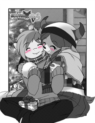 Size: 1500x1934 | Tagged: safe, artist:boastudio, imported from derpibooru, sandbar, yona, anthro, earth pony, yak, comic:hooves & fins, ^^, blushing, christmas, clothes, cute, duo, eyes closed, female, happy, hat, holiday, hug, male, partial color, present, sandabetes, santa hat, scarf, screentone, shipping, smiling, straight, sweater, yonabar, yonadorable
