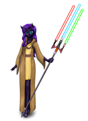 Size: 1591x2203 | Tagged: safe, artist:vasillium, imported from derpibooru, oc, oc only, oc:nyx, alicorn, anthro, alicorn oc, clothes, crossover, dress, female, furry, horn, jedi, lightsaber, mare, princess, robe, royalty, simple background, solo, star wars, transparent background, weapon, wings