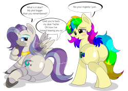 Size: 9500x6800 | Tagged: safe, artist:rainbowtashie, imported from derpibooru, oc, oc:princess mythic majestic, oc:rainbow tashie, alicorn, earth pony, hybrid, pony, zebra, alicorn oc, alicorn princess, blushing, butt, commissioner:bigonionbean, cutie mark, dialogue, dummy thicc, earth pony oc, extra thicc, eyeshadow, female, flank, fusion, fusion:fluttershy, fusion:rarity, fusion:starlight glimmer, fusion:zecora, horn, jewelry, lying down, makeup, mare, nintendo, nintendo 64, plot, simple background, transparent background, wings, writer:bigonionbean