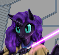 Size: 1024x960 | Tagged: safe, artist:vasillium, imported from derpibooru, oc, oc only, oc:nyx, alicorn, anthro, unguligrade anthro, alicorn oc, clothes, crossover, cutie mark on clothes, dress, female, horn, jedi, lightsaber, mare, princess, robe, royalty, slit pupils, solo, star wars, weapon, wings