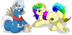 Size: 8900x4350 | Tagged: safe, artist:rainbowtashie, imported from derpibooru, oc, oc:air brakes, oc:rainbow tashie, earth pony, pegasus, pony, butt, clothes, commissioner:bigonionbean, cutie mark, dummy thicc, earth pony oc, extra thicc, female, flank, fusion, fusion:caboose, goggles, hat, horn, lying down, male, mare, plot, scarf, sitting, stallion, uniform, wings, wonderbolts, wonderbolts uniform, writer:bigonionbean