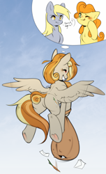 Size: 2084x3428 | Tagged: safe, artist:pledus, imported from derpibooru, carrot top, derpy hooves, golden harvest, oc, oc only, oc:clumsy carrot, earth pony, pegasus, pony, blushing, butt, carrot, commission, commissioner:bigonionbean, cutie mark, dialogue, female, flying, food, fusion, fusion:carrot top, fusion:derpy hooves, fusion:golden harvest, happy, high res, letter, mailbag, mailmare, mare, one eye closed, plot, sack, smiling, solo, spread wings, thought bubble, underhoof, wings, wink, writer:bigonionbean