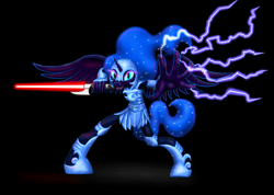 Size: 3066x2183 | Tagged: safe, artist:vasillium, imported from derpibooru, nightmare moon, alicorn, anthro, unguligrade anthro, armband, armor, black background, clothes, crossover, cutie mark on clothes, evil, female, force lightning, helmet, high res, horn, jewelry, lightsaber, mare, princess, regalia, royalty, shirt, shoes, simple background, sith, skirt, solo, star wars, weapon, wings