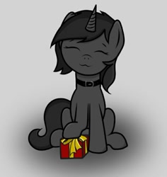 Size: 700x741 | Tagged: safe, artist:sundust, imported from derpibooru, oc, oc only, oc:richard98, pony, unicorn, collar, cute, eyes closed, horn, male, present, simple background, sitting, smiling, solo, stallion