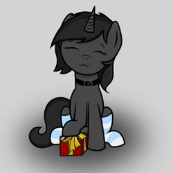 Size: 749x745 | Tagged: safe, artist:sundust, imported from derpibooru, oc, oc only, oc:richard98, pony, unicorn, clothes, collar, cute, eyes closed, horn, male, present, simple background, sitting, smiling, socks, socks only, solo, stallion, stockings, striped socks, thigh highs