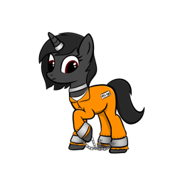 Size: 1024x1024 | Tagged: safe, artist:sundust, imported from derpibooru, oc, oc only, oc:richard98, pony, unicorn, bondage, chains, clothes, collar, cuffs, horn, horn ring, jail, jumpsuit, magic suppression, male, png, prison, prison outfit, prisoner, raised hoof, restrained, ring, shackles, simple background, solo, stallion, transparent background