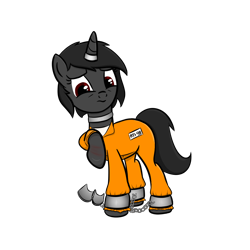 Size: 1024x1024 | Tagged: safe, artist:sundust, imported from derpibooru, oc, oc only, oc:richard98, pony, unicorn, bondage, chains, clothes, collar, cuffs, horn, horn ring, injured, jail, jewelry, jumpsuit, magic suppression, male, png, prison, prison outfit, prisoner, raised hoof, restrained, ring, shackles, simple background, solo, stallion, transparent background