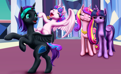 Size: 2575x1591 | Tagged: safe, artist:vasillium, imported from derpibooru, princess cadance, princess flurry heart, twilight sparkle, oc, oc only, oc:nyx, alicorn, pony, alicorn oc, aunt, aunt and niece, cousins, crystal castle, curtains, cutie mark, daughter, day, door, doorway, eyebrows, eyelashes, eyes closed, family, female, filly, foal, hallway, happy, headband, heart, horn, indoors, jewelry, mare, moon, mother, mother and child, mother and daughter, niece, open door, open mouth, parent and child, parent and foal, princess, regalia, rug, shield, sisters-in-law, sky, spread wings, standing, stars, twilight sparkle (alicorn), wall of tags, window, wings