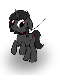 Size: 1025x1239 | Tagged: safe, artist:sundust, imported from derpibooru, oc, oc only, oc:richard98, pony, unicorn, :s, bondage, collar, floppy ears, full body, horn, leash, male, raised hoof, restrained, shadow, simple background, solo, stallion, unicorn oc, wavy mouth, white background