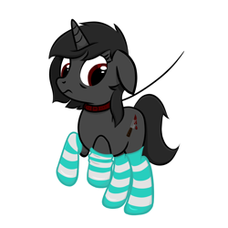 Size: 1024x1024 | Tagged: safe, artist:sundust, imported from derpibooru, oc, oc only, oc:richard98, pony, unicorn, :s, bondage, clothes, collar, floppy ears, full body, horn, leash, male, raised hoof, restrained, simple background, socks, socks only, solo, stallion, stockings, striped socks, thigh highs, unicorn oc, wavy mouth, white background