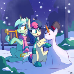 Size: 2000x2000 | Tagged: safe, artist:scribble-potato, imported from derpibooru, bon bon, lyra heartstrings, sweetie drops, earth pony, pony, unicorn, building, carrot, clothes, duo, duo female, female, food, hat, high res, lyre, mare, musical instrument, one eye closed, scarf, snow, snowpony, top hat