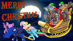 Size: 1600x907 | Tagged: safe, artist:urhangrzerg, imported from derpibooru, fluttershy, princess luna, rainbow dash, twilight sparkle, alicorn, pegasus, pony, undead, christmas, crossover, holiday, twilight sparkle (alicorn)