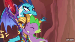 Size: 640x360 | Tagged: safe, imported from derpibooru, screencap, princess ember, spike, dragon, gauntlet of fire, season 6, ^^, animated, blushing, cute, emberbetes, eyes closed, female, gif, gifs.com, hug, male, smiling, spikabetes