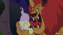 Size: 640x360 | Tagged: safe, imported from derpibooru, screencap, fluttershy, manny roar, big cat, lion, manticore, pegasus, pony, friendship is magic, season 1, ^^, animated, cute, eyes closed, face licking, female, gif, gifs.com, licking, male, mare, open mouth, open smile, shyabetes, smiling, tongue out