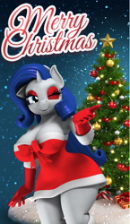 Size: 1500x2592 | Tagged: safe, artist:argos90, imported from derpibooru, rarity, anthro, 3d, big breasts, breasts, busty rarity, christmas, christmas tree, clothes, costume, eyeshadow, furry, hat, holiday, makeup, merry christmas, one eye closed, red eyeshadow, santa costume, santa hat, solo, tree, wink