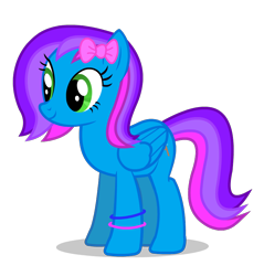 Size: 826x863 | Tagged: safe, imported from derpibooru, oc, oc only, oc:azure acrylic, pegasus, pony, bow, bracelet, cute, eyelashes, female, folded wings, full body, green eyes, hair bow, jewelry, mare, multicolored mane, multicolored tail, pegasus oc, shadow, show accurate, smiling, solo, tail